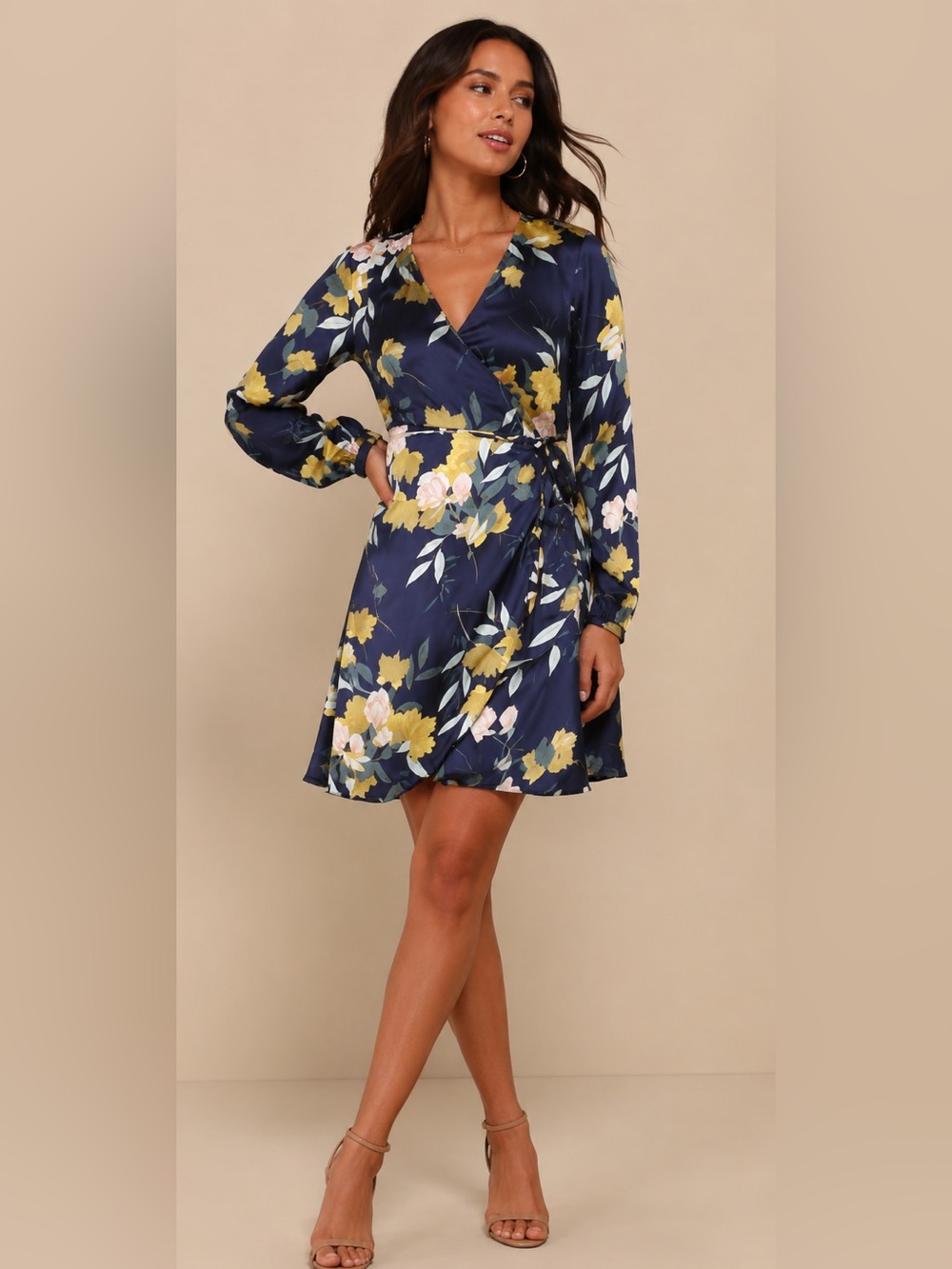 Lulus Love Is Life Navy Blue Satin Floral Print Wrap Dress